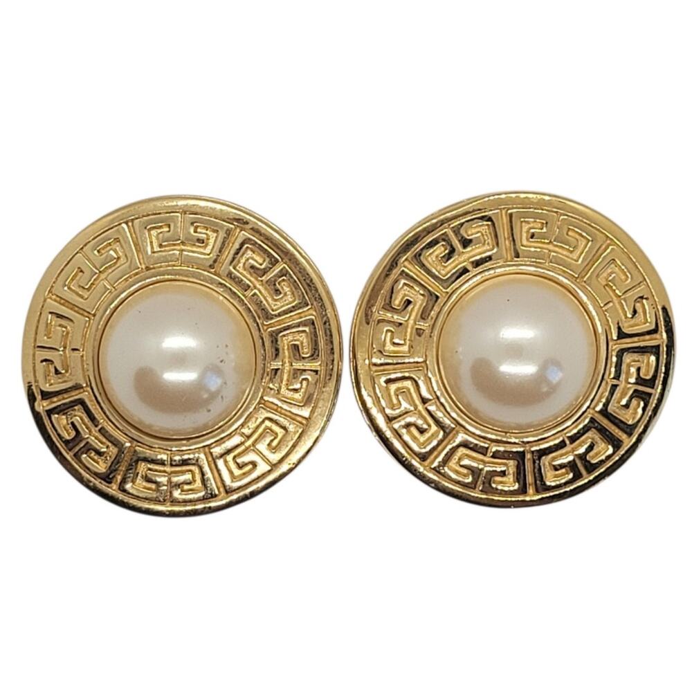 Givenchy Gold Tone Pearl Clip Earrings Bold 80s Glam Statement Designer